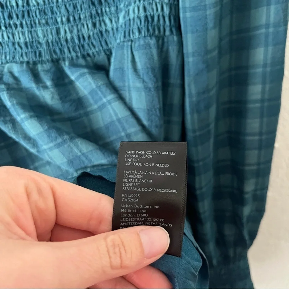 Urban Outfitters Dress Medium River Smocked Long Sleeve Blue Gingham Mini - Picture 6 of 6